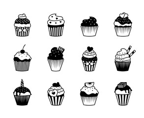 Cupcake icons and dessert muffin symbols vector illustration
