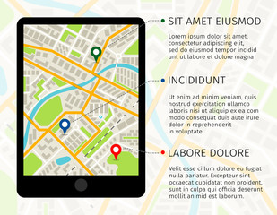 Location illustration on smartphone screen with pin points on map. Vector illustration