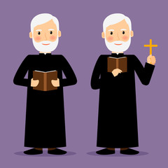 Pastor character with cross and Bible isolated on violet background. Vector illustration