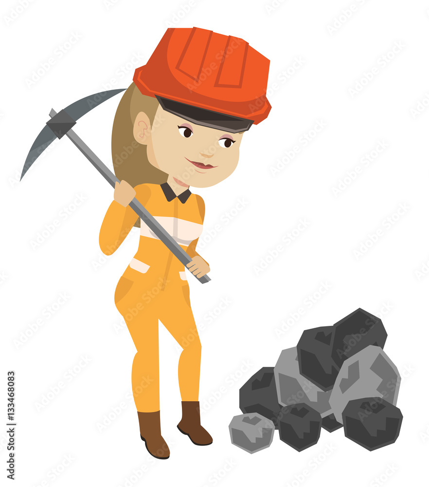 Poster miner working with pickaxe vector illustration.