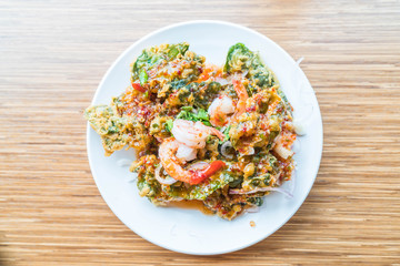 Crispy deep fried morning glory salad with shrimps