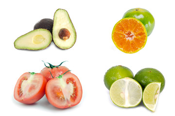 Fototapeta na wymiar Avocado, orange, tomato and lemon (lime) fruit isolated on white