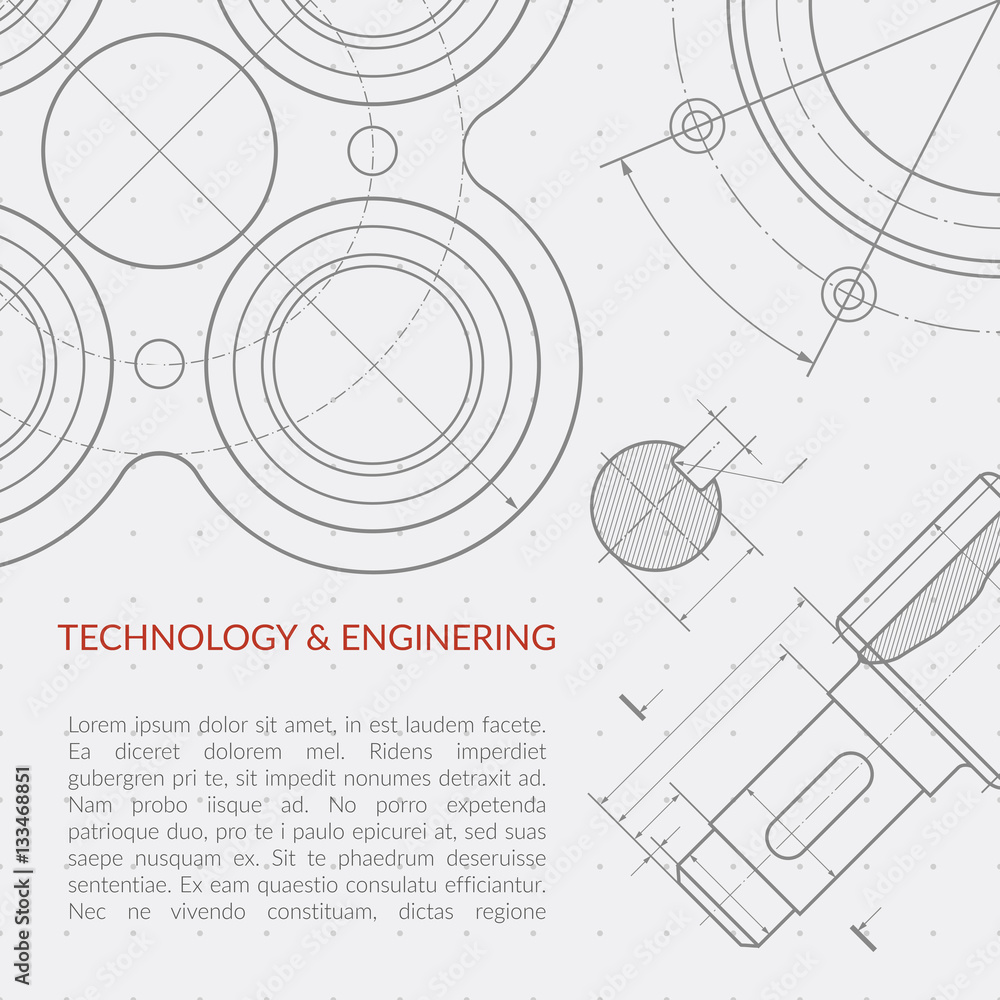 Poster engineering vector concept with part of machinery technical drawing