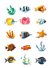 Vector cartoon aquarium decor objects, underwater assets for mobile phone game