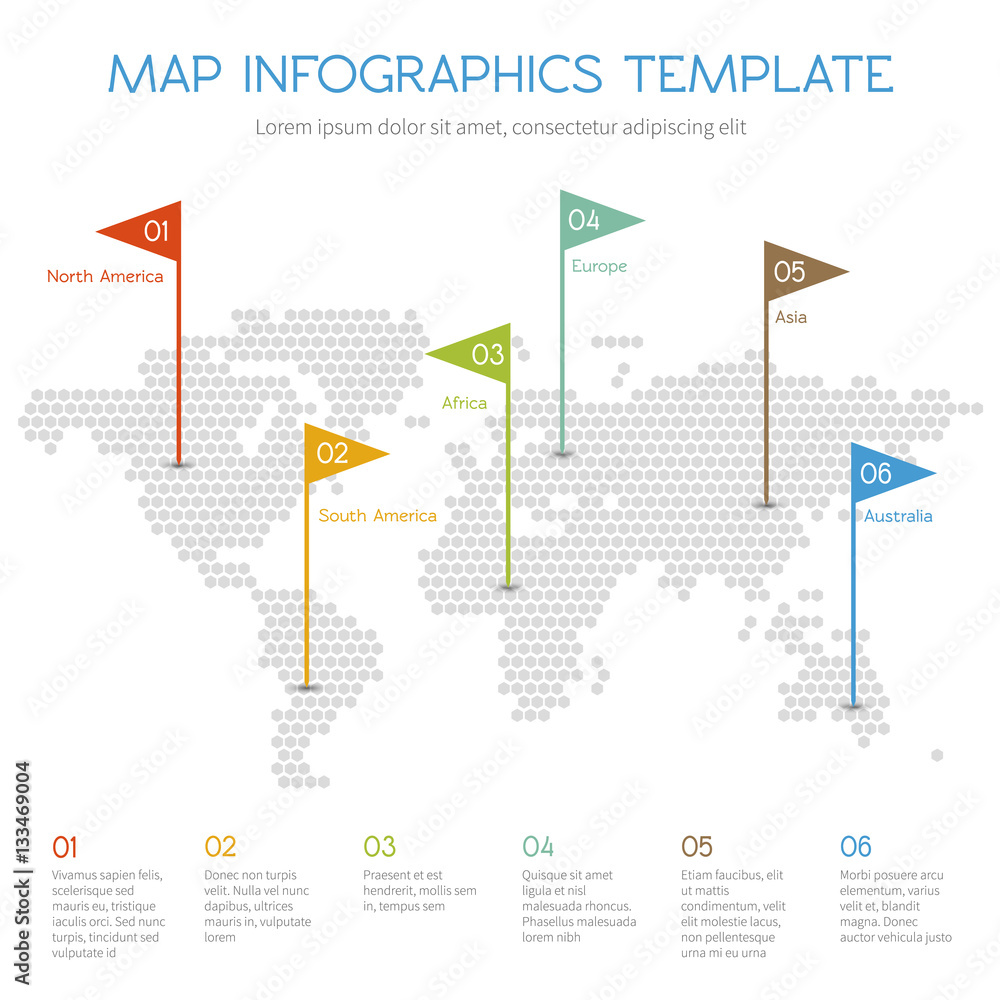 Aufkleber world map of hexagon. internet vector infographic with business charts and diagrams
