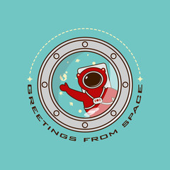 logos greeting from space, astronaut in outer space. Vector blue background