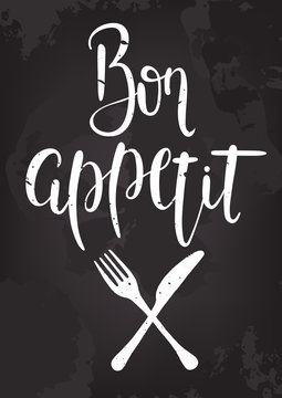 Vector Bon appetit. Hand drawn. Poster. Lettering. Illustration. Fork and knife.