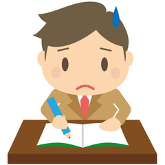 茶色いブレザーの男子学生机で勉強　悩む