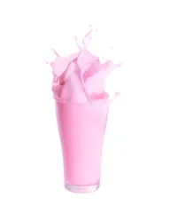 Papier Peint photo Milk-shake Splash of strawberry milk from the glass on isolated white background.