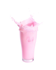 Splash of strawberry milk from the glass on isolated white background.
