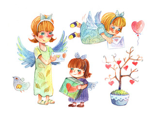 Little Angels, Valentine's Day, watercolor
