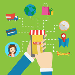 Online shopping vector flat design illustration.