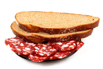 Smoked sausage and bread on a white background