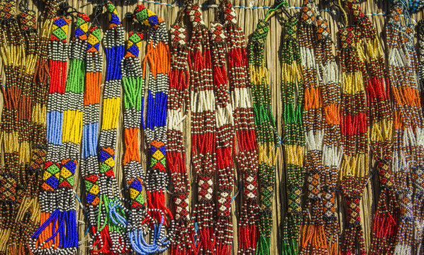 African traditional beads necklaces. South Africa.  Local market.