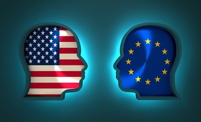 Image relative to politic and economic relationship between USA and Europe. National flags inside the heads of the businessmans. Teamwork concept. 3D rendering. Neon light