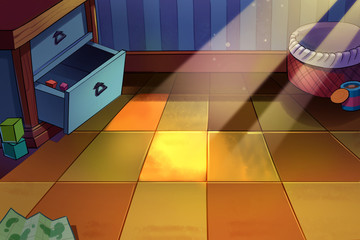 Children's Room, A Tiny Corner with Sunlight on the Floor. Video Game's Digital CG Artwork, Concept Illustration, Realistic Cartoon Style Background
