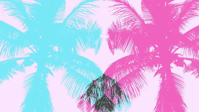 Artistic Background With Colorful Palm Tree Silhouettes Moving Smoothly in Slow Mothion (Loop)
