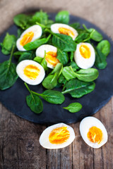 Salad with green spinach baby leaves and boiled eggs cut in a ha
