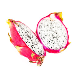 Dragon fruit cut in a half isolated on white background macro..