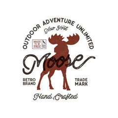 Outdoor adventure label. Vintage typography with moose and texts. Retro illustration of outdoor adventure. Vector wilderness logo with letterpress effect. Custom explorer quote.