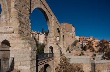 Los Arcos aqueduct in old town. Teruel, Aragon, Spain