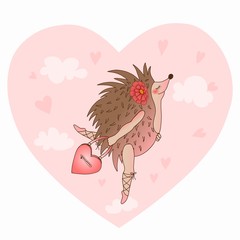 Pink Be My Valentine heart shaped card with a hedgehog girl holding a fancy bag standing on a cloud nine in the seventh heaven sky on white background, a Valentine's day postcard print