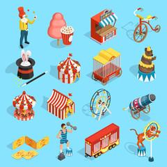 Fototapeta na wymiar Travel Circus Isometric Icons Set 