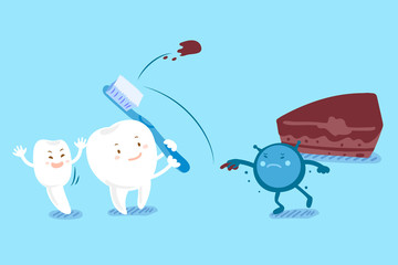 cartoon teeth fight with bacterium