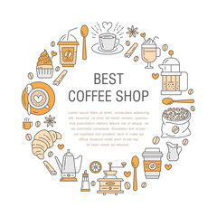 Coffee making poster template. Brewing vector line icon, circle illustration for menu. Elements - coffemaker, french press, coffee grinder, espresso, croissant, cupcake.