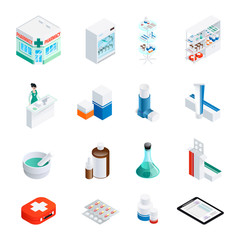 Pharmacy Isometric Icons Set