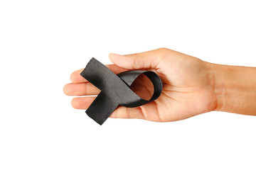 Black ribbon; human hands take and give decoration black ribbon hand made artistic design for sadness expression