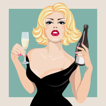 Pin-up sexy woman with bottle of champagne, pop art portrait hand drawn vector illustration