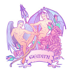Gemini Zodiac sign with a decorative frame of roses. Beautiful male twins. Concept art for horoscopes, tattoo design, colouring books. Gay Pinup style Sketch isolated on white background. EPS10 vector