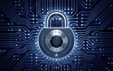 Cyber Security. Combination padlock in electronic cyberspace. 3D rendered image.
