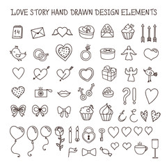 Love story hand drawn design elements doodle set. Vector vintage illustration.
