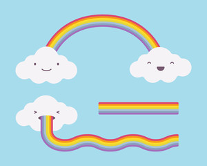 Cute white clouds on the light blue sky and rainbow