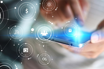 Hand touch screen smart phone. Application icons interface on sc