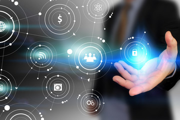 Hand holding social icons. social media concept