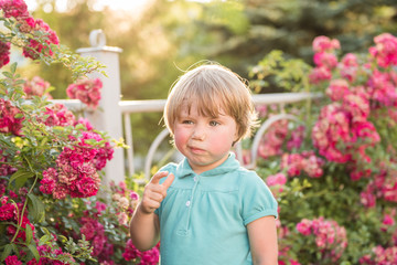 Girl standing near the rose bushes. The concept of Allergy