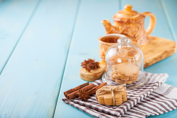 cookies with cinnamon and tea on a table, selective focus, copy space