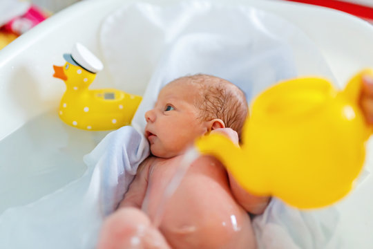 Cute Adorable Newborn Baby Taking First Bath.