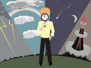 boy with magnifying glass against natural phenomena background