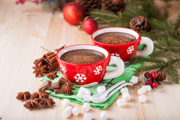 hot chocolate in a cup on a Christmas background, selective focus, copy space
