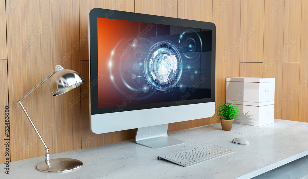 Aufkleber Modern computer with digital hologram presentation 3D rendering