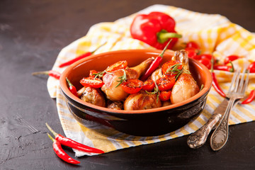 the baked chicken legs with a tomato in a bowl on a table, selective focus, copy space