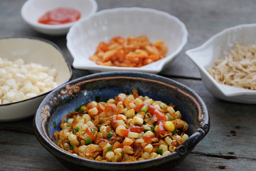 Vietnamese street food, corn fried dried shrimp