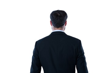 Businessman pretending to standing against invisible screen
