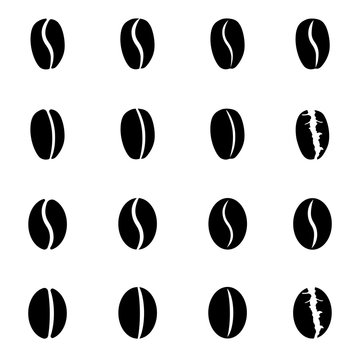 Set of icons representing coffee beans. Roasted coffee plant seeds. Vector Illustration