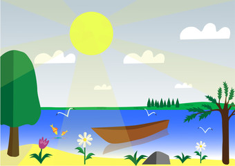 Fototapeta na wymiar Summer landscape with a ship drawing
