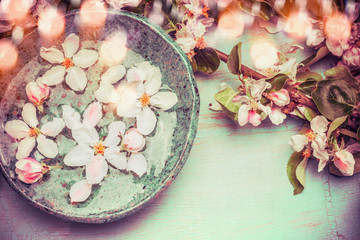 Obraz na płótnie Canvas Water bowl with spring blossom and bokeh , top view, border. Springtime concept